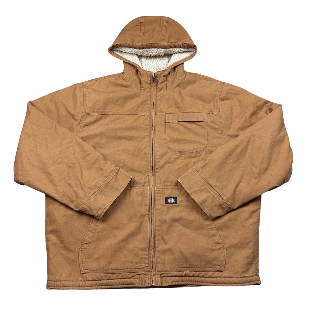 Dickies Mens XL Brown Duck Canvas Sherpa Lined Hooded Work Jacket Winter Coat